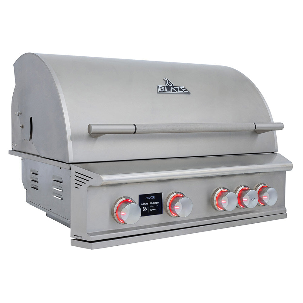 Stainless steel Blaze gas grill with lid and side vent panels