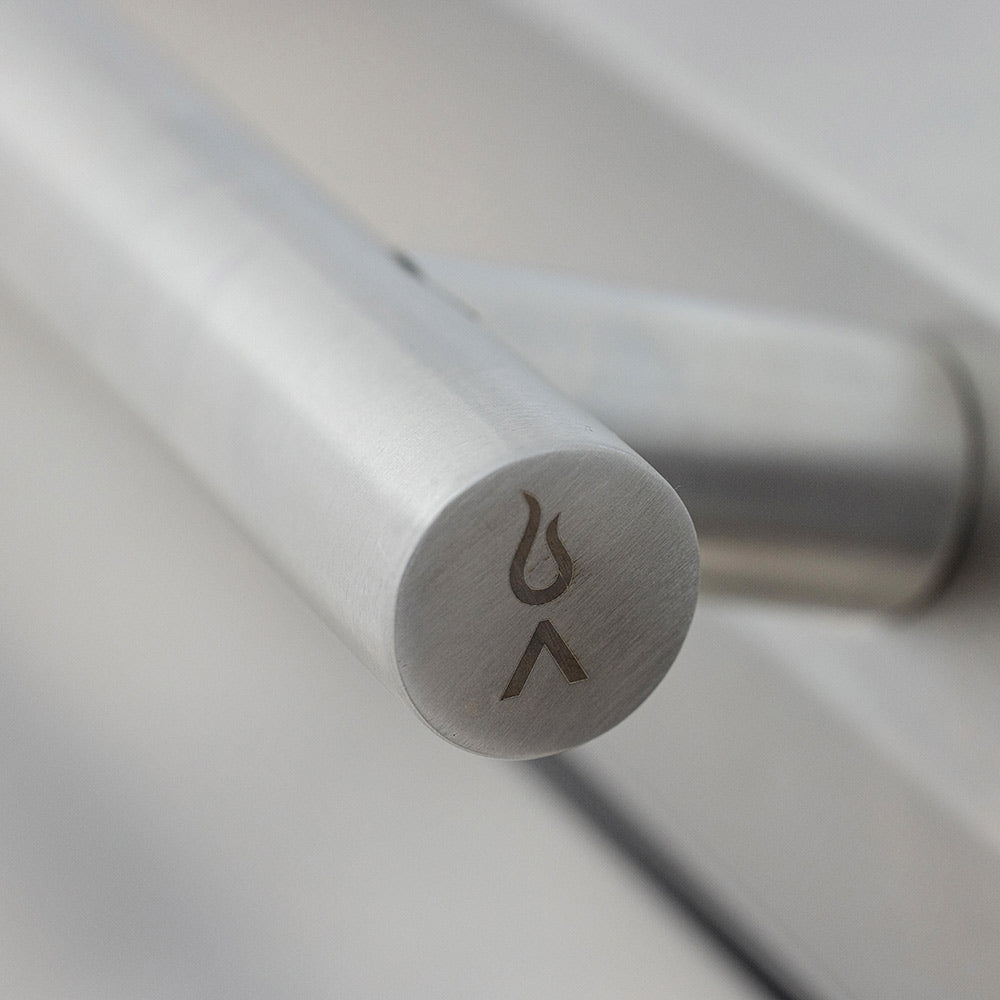Stainless steel lid handle with flame icon emblem