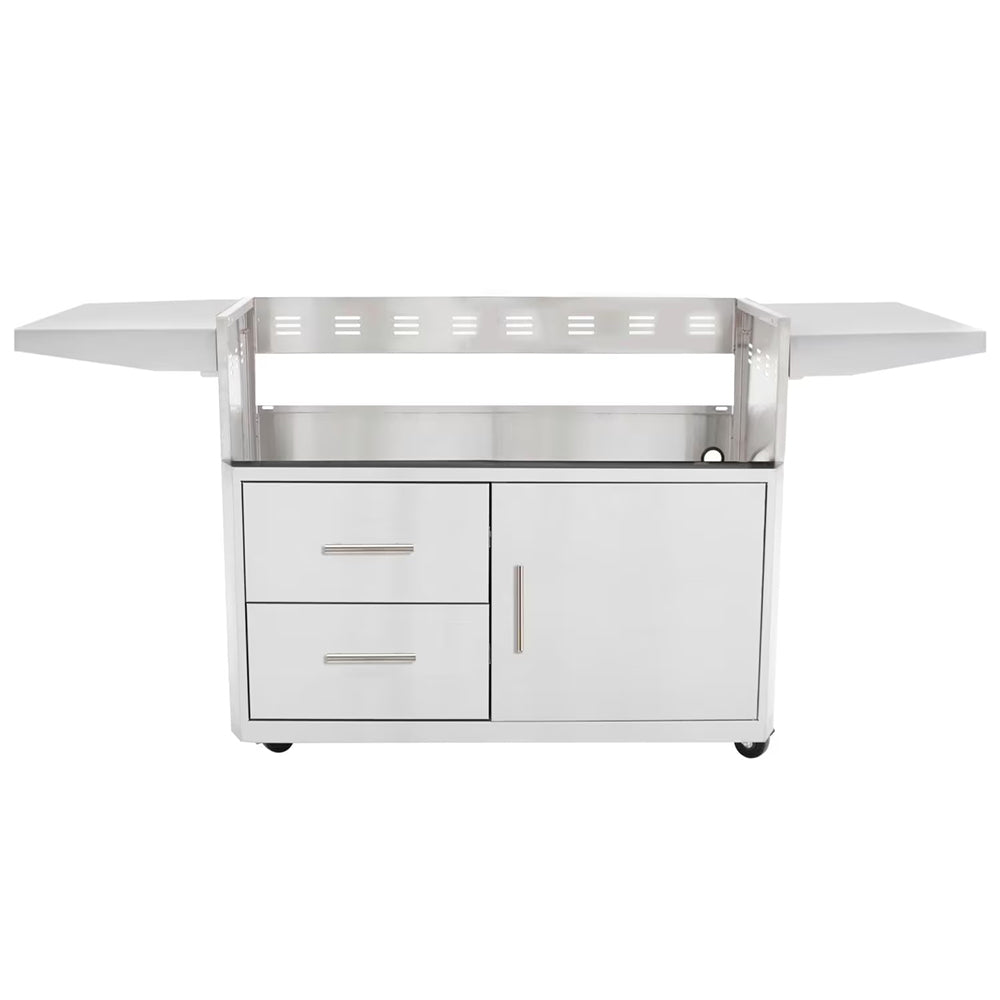 White 44-inch gas grill cart with two drawers, cabinet door, and side shelves