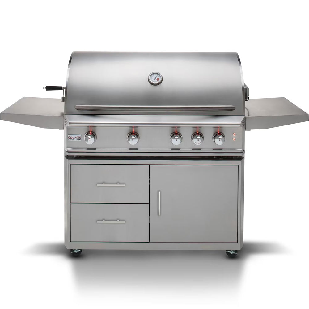 Stainless 4-burner gas grill with front control knobs, double doors, and side shelves