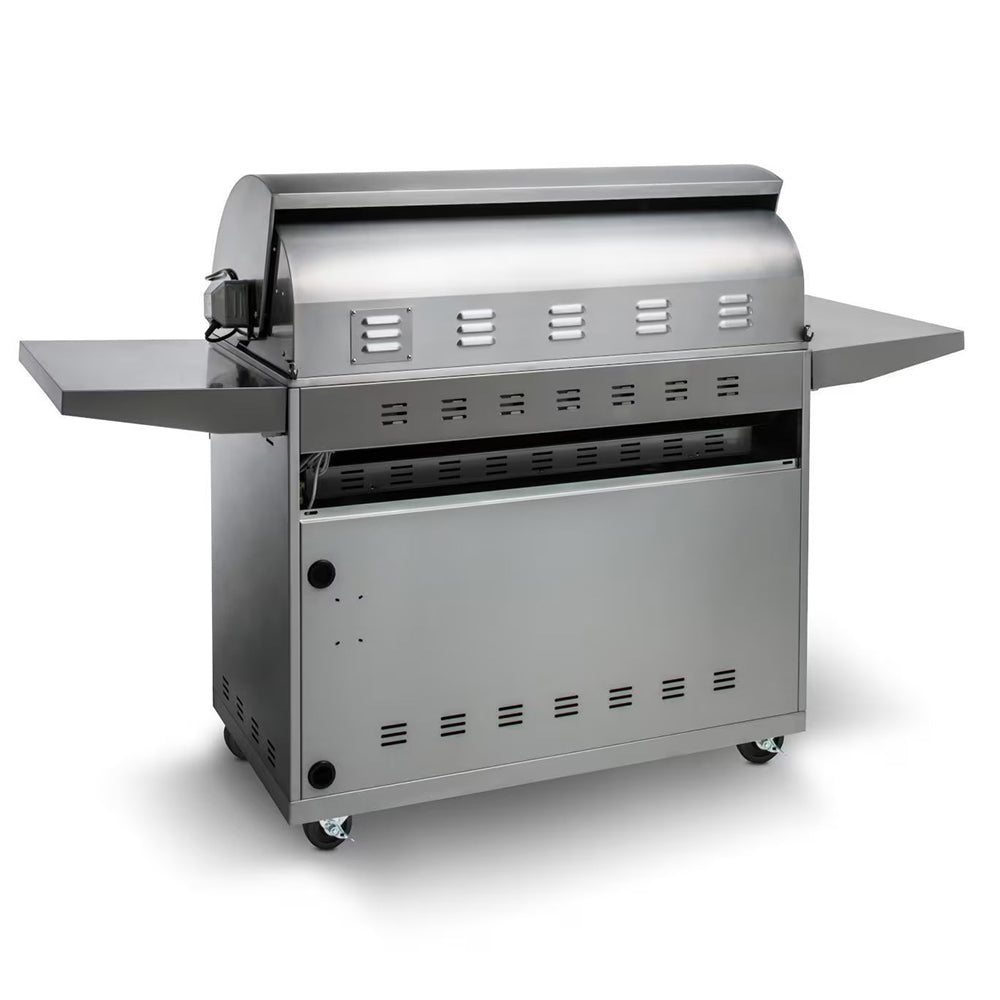Stainless 4-burner gas grill rear panel with ventilation slots and side shelves