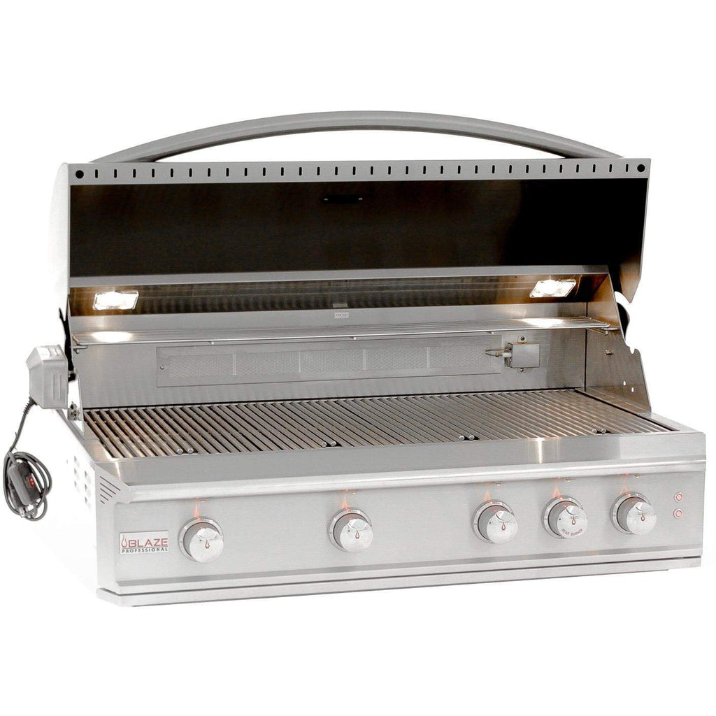 Opened stainless steel gas grill showing cooking grates and front knobs