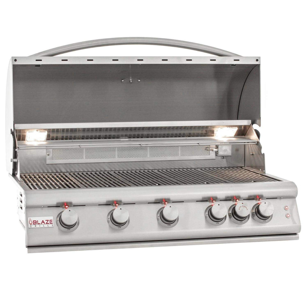 Gas grill with hood open, cooking area visible, and front burner control knobs
