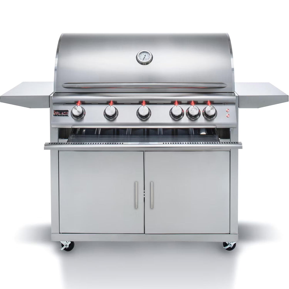 Freestanding 5-burner gas grill with stainless steel cabinet, front control knobs, and side shelves