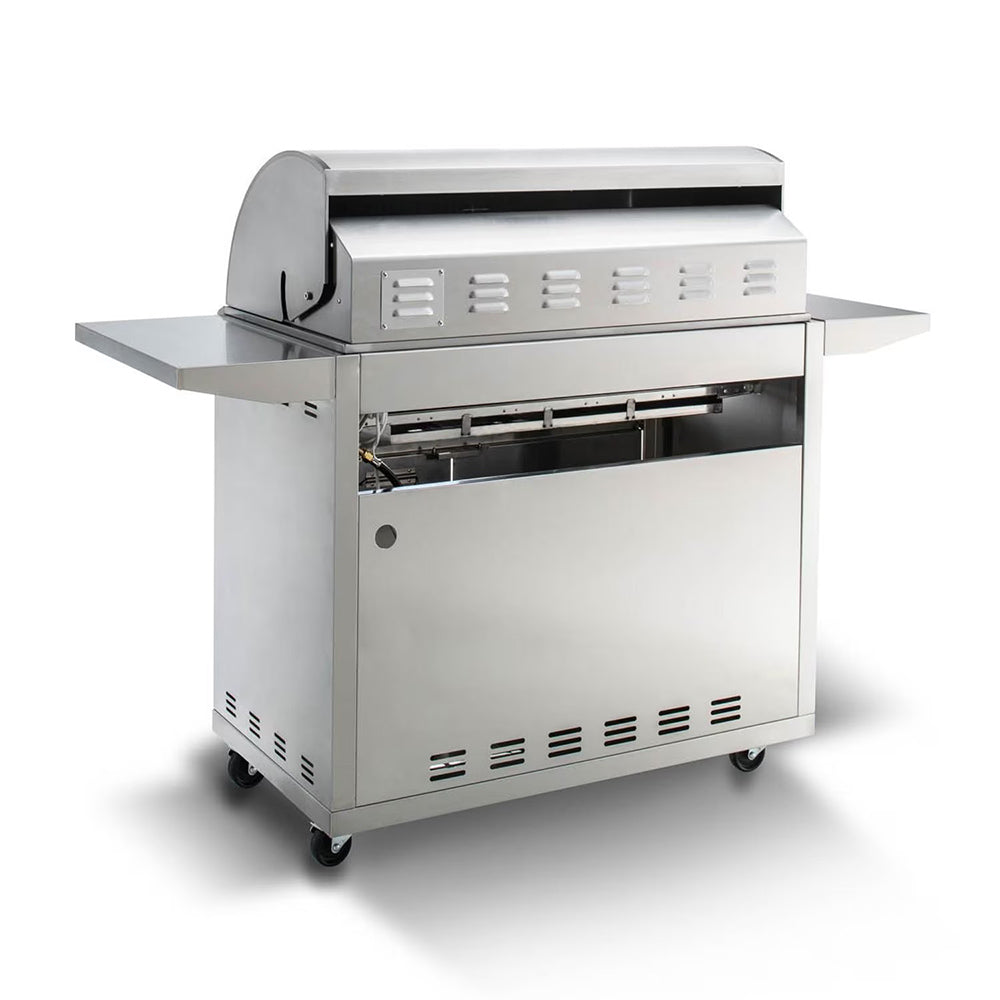 Freestanding 5-burner gas grill with open hood, stainless steel front panel, and side shelves