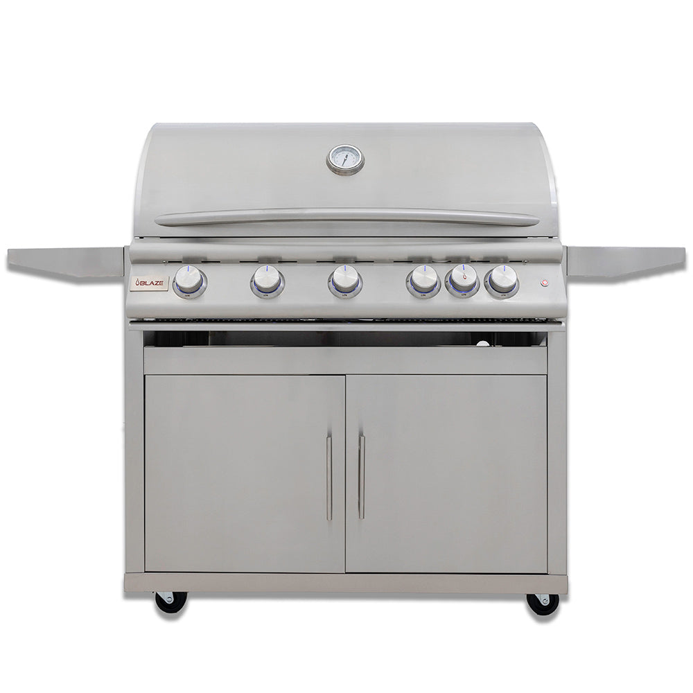 Gas grill with cart, stainless body, front control knobs and double-door storage.