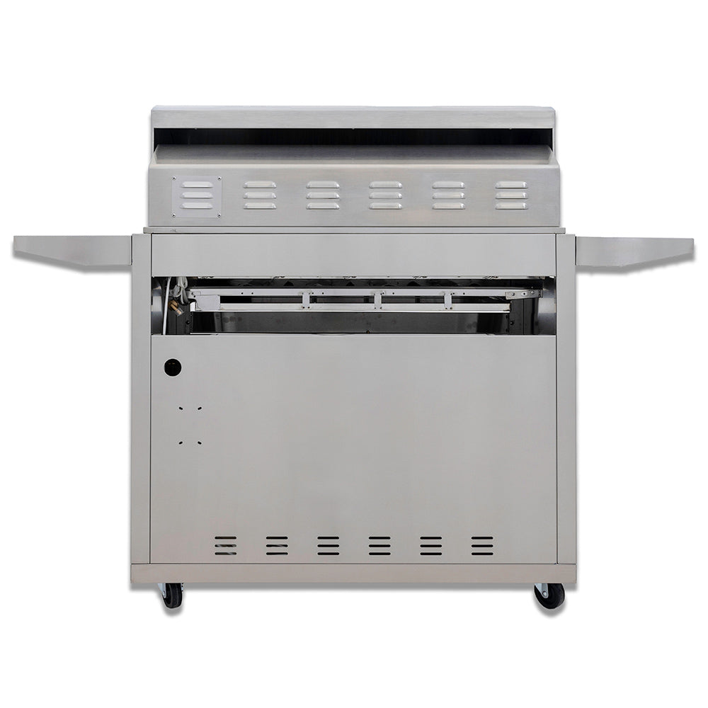 Gas grill on cart with open lid, visible interior firebox and warming area.