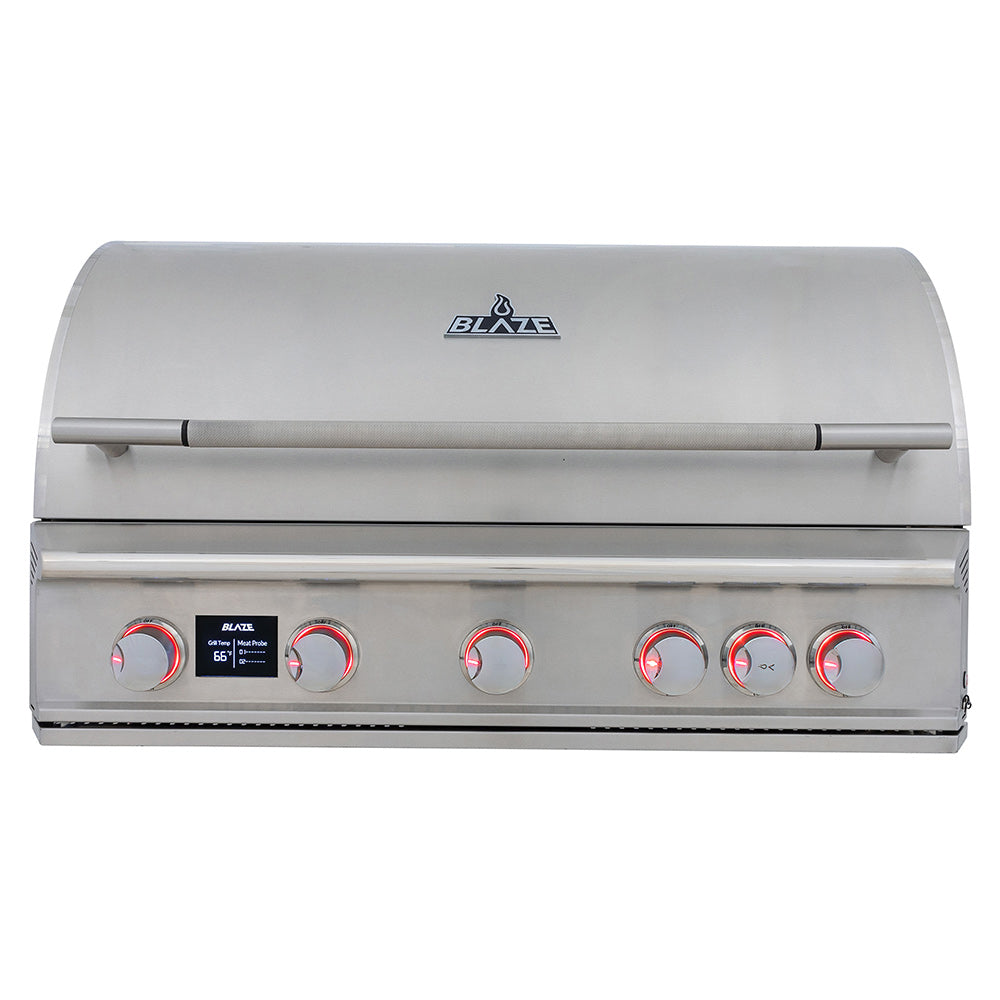 Stainless steel built-in gas grill with 5 burners, lid and control knobs, Blaze logo