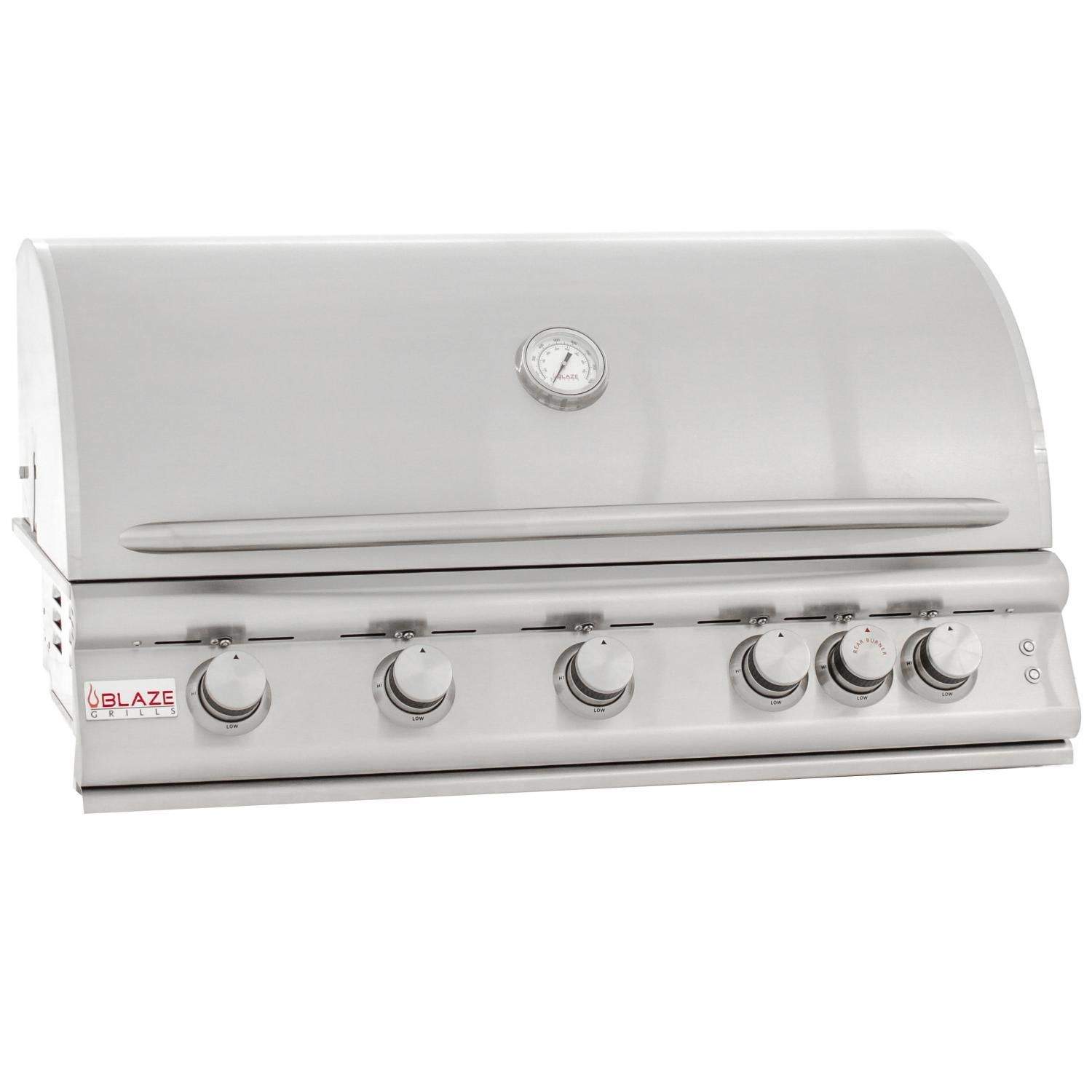 40-inch gas grill with stainless hood, front control knobs, and central thermometer