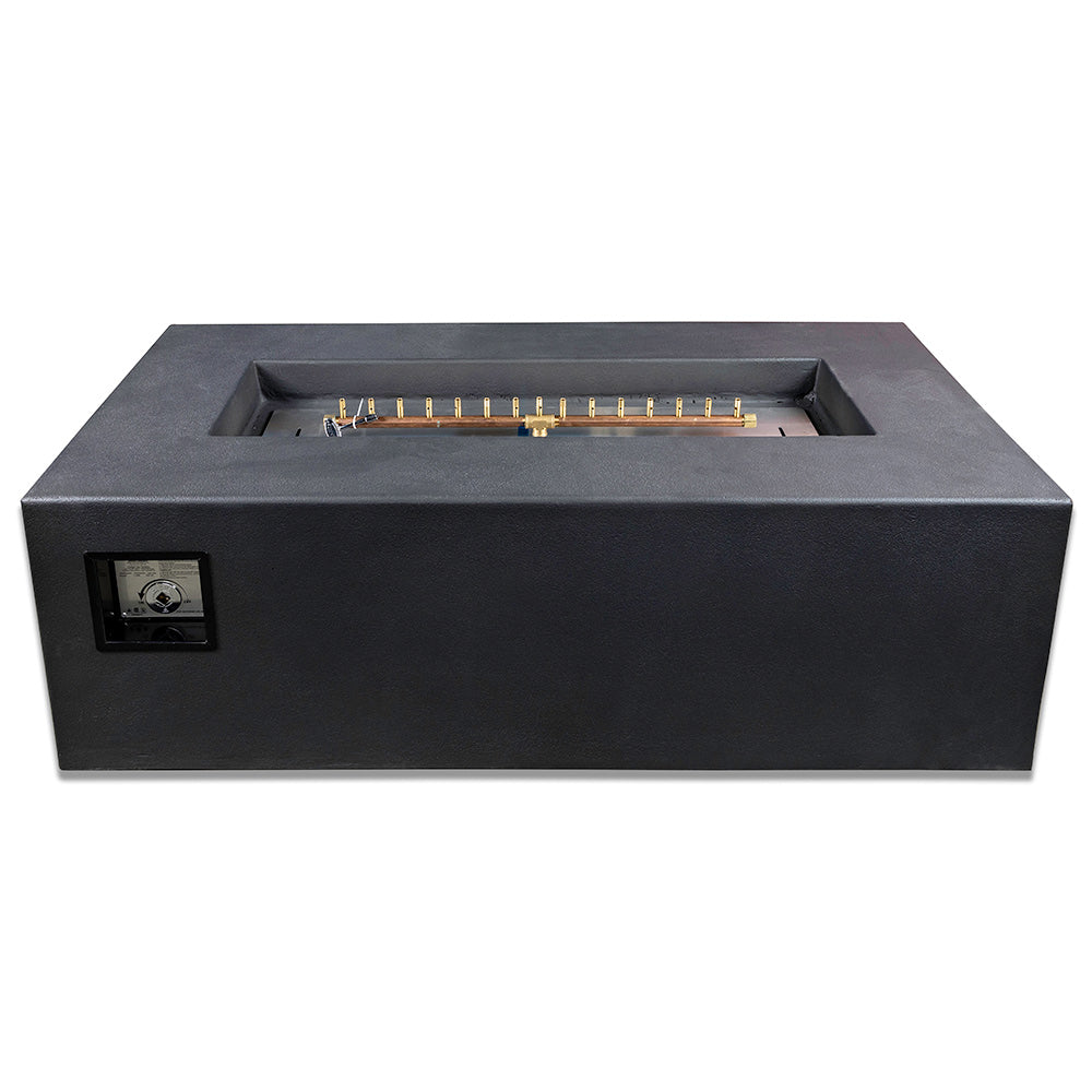 Rectangular gas fire table with black base, built-in burner and control panel on side