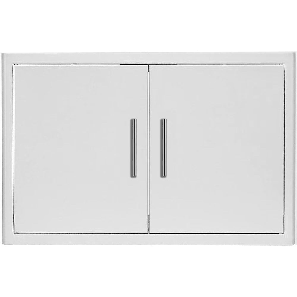 Double access door with two panels and vertical metal pull handles