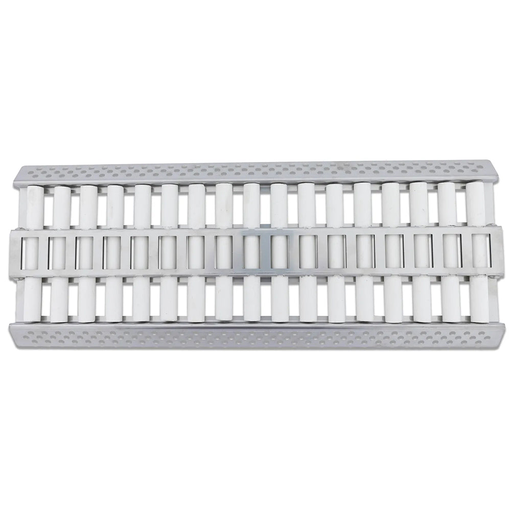 Ceramic flame tamer grate with perforated gray frame and white ceramic tubes
