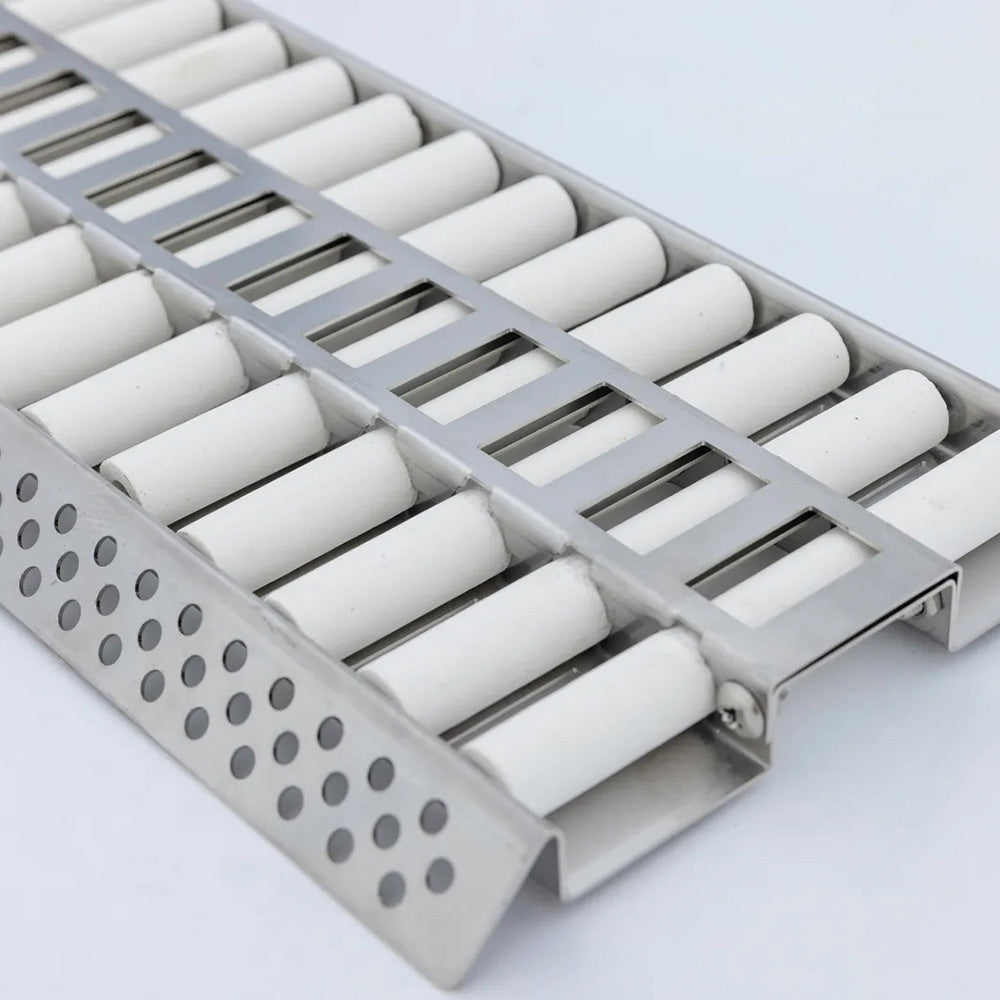 Ceramic flame tamer tray with white ceramic tubes and slotted steel crossbar