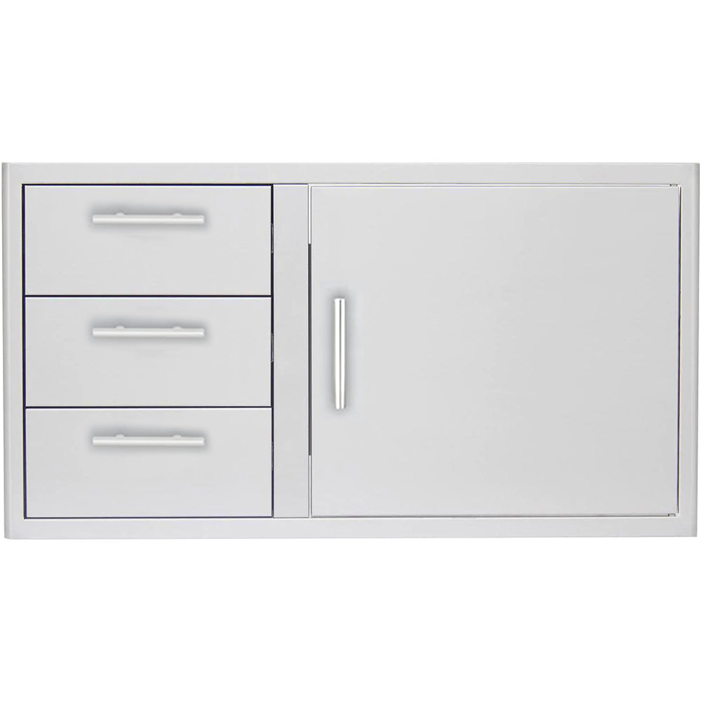 White cabinet with 3 drawers and one access door, bar pull handles