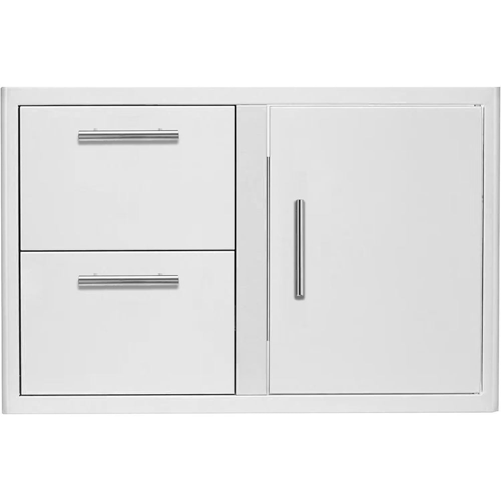 Cabinet access door with two drawers, light gray, chrome bar handles