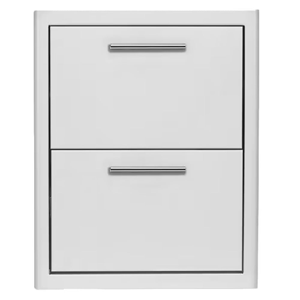 White two-drawer cabinet with two rectangular drawers and metal pull handles