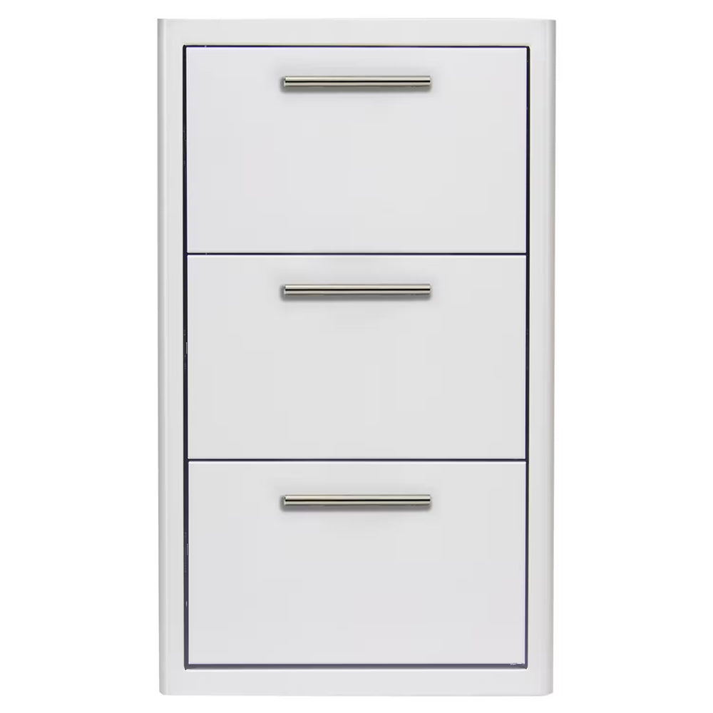 White triple drawer cabinet with three drawers and brushed metal bar pulls