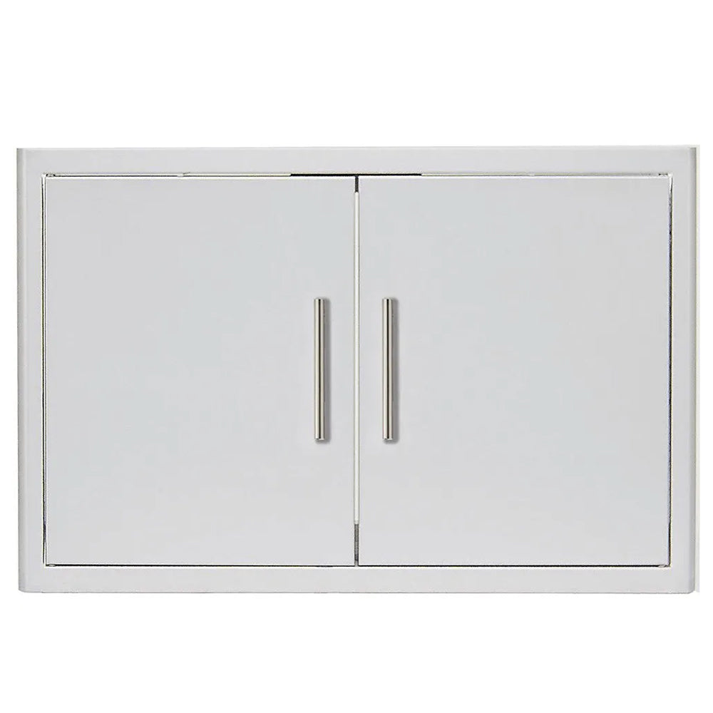 Stainless steel dry storage cabinet with two hinged doors and vertical bar handles