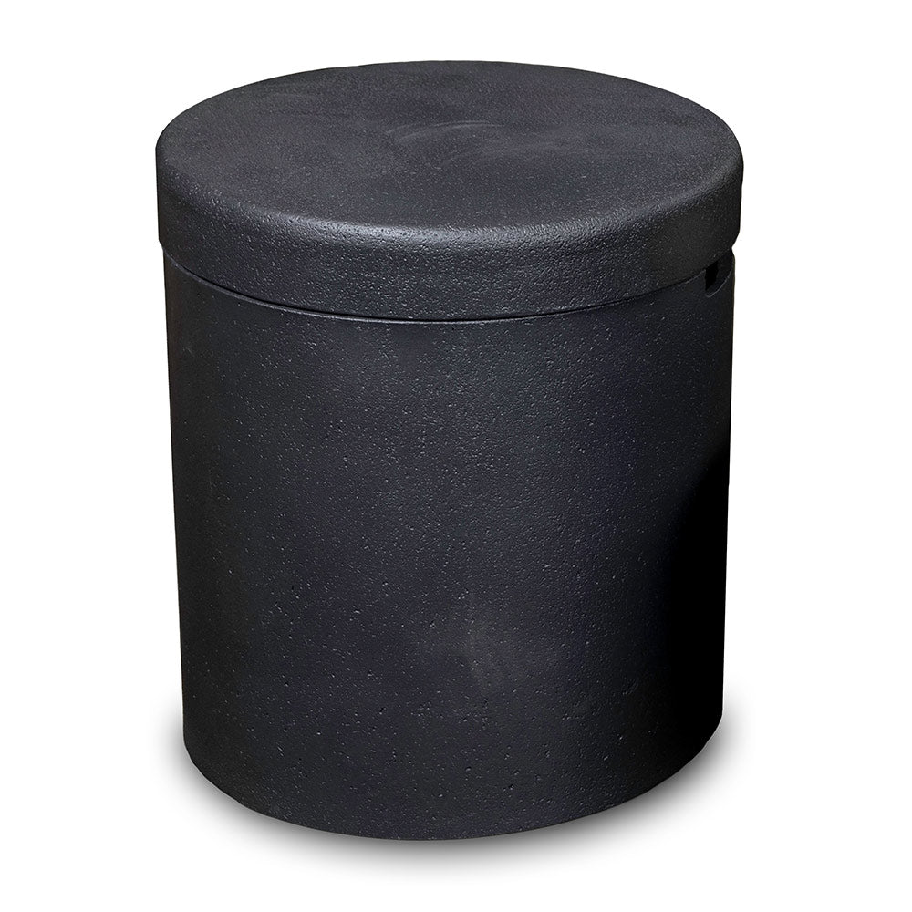 Propane tank cover for 38-inch fire bowl with rounded lid, dark textured fabric