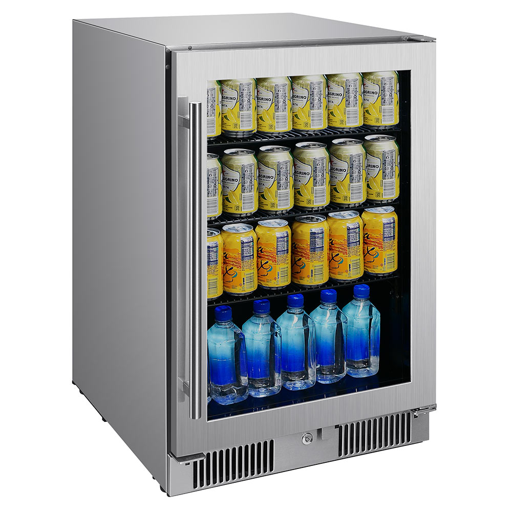 Outdoor glass door beverage cooler with silver frame and bottles visible inside