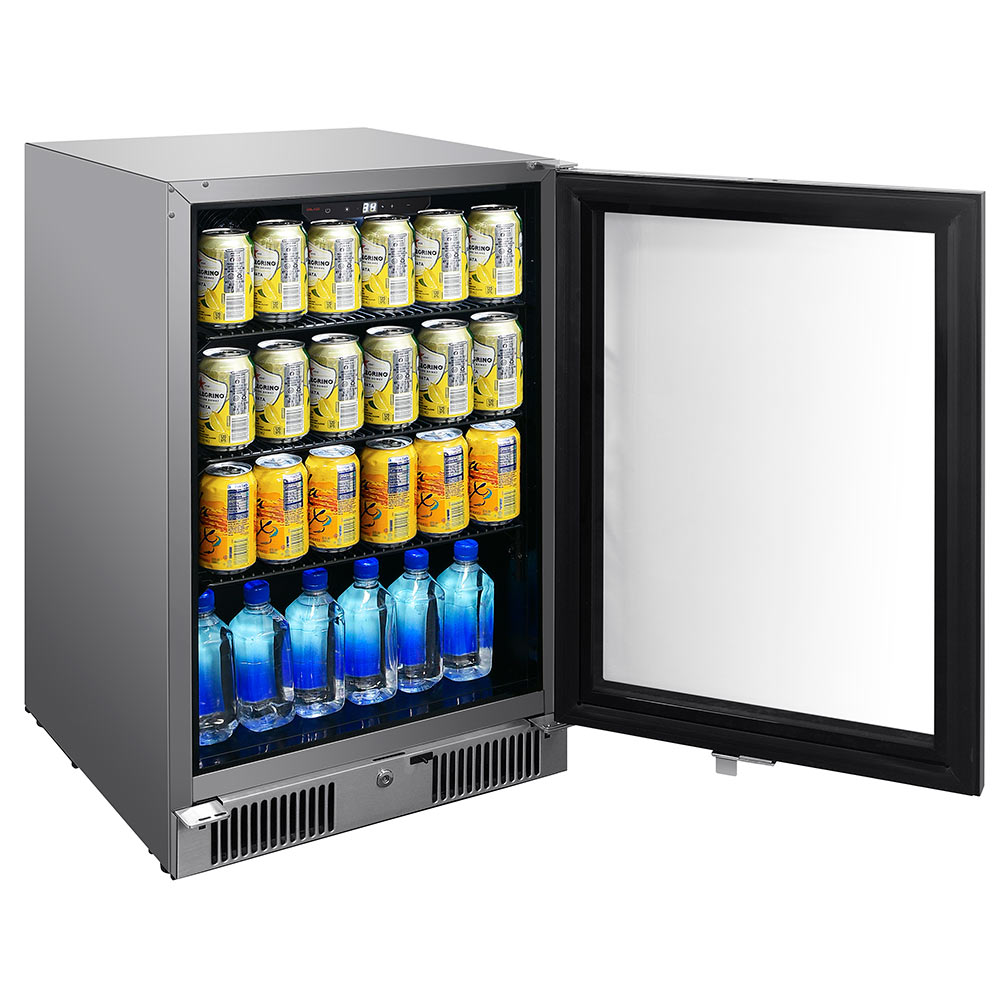 Outdoor beverage cooler with open glass door and shelves stocked with cans and bottles