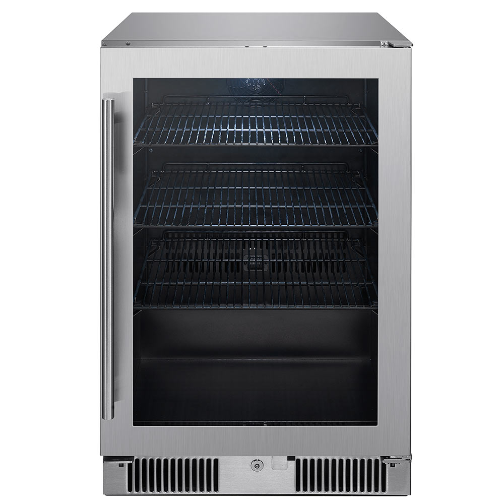 Silver beverage cooler interior with wire shelves and dark back panel