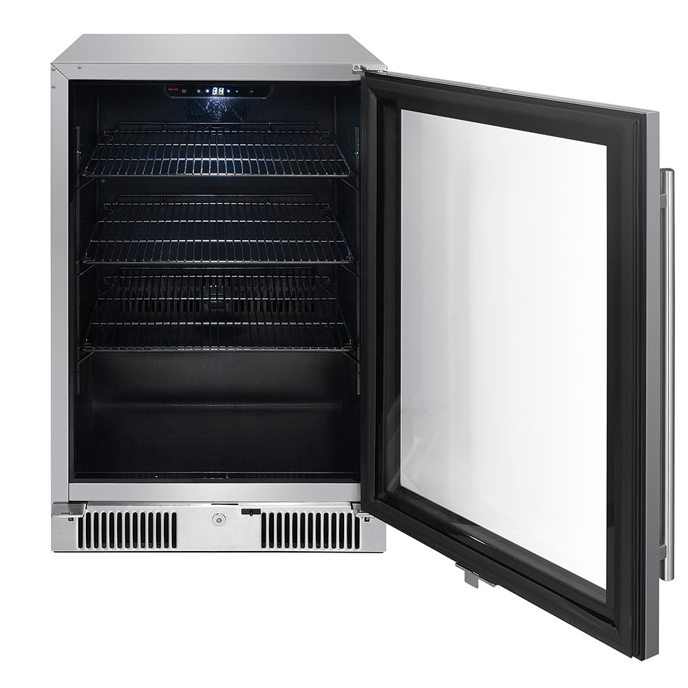 Beverage cooler with open door revealing black interior shelving