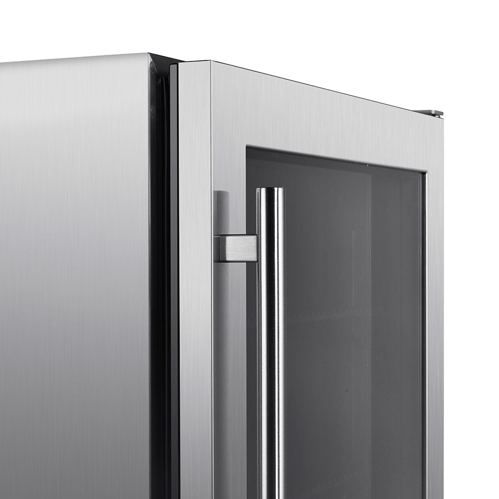 Stainless beverage cooler side view with vertical handle and dark door frame