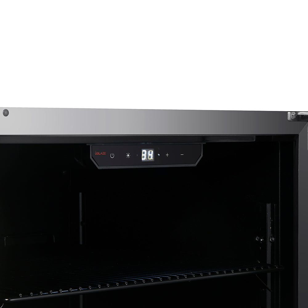 Beverage cooler control panel above open interior with display and indicator lights