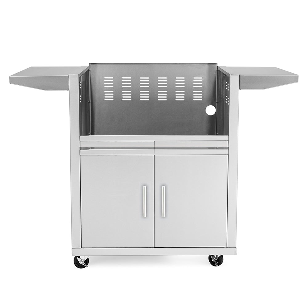 Stainless steel griddle cart with open lid, two cabinet doors, side shelves, wheels