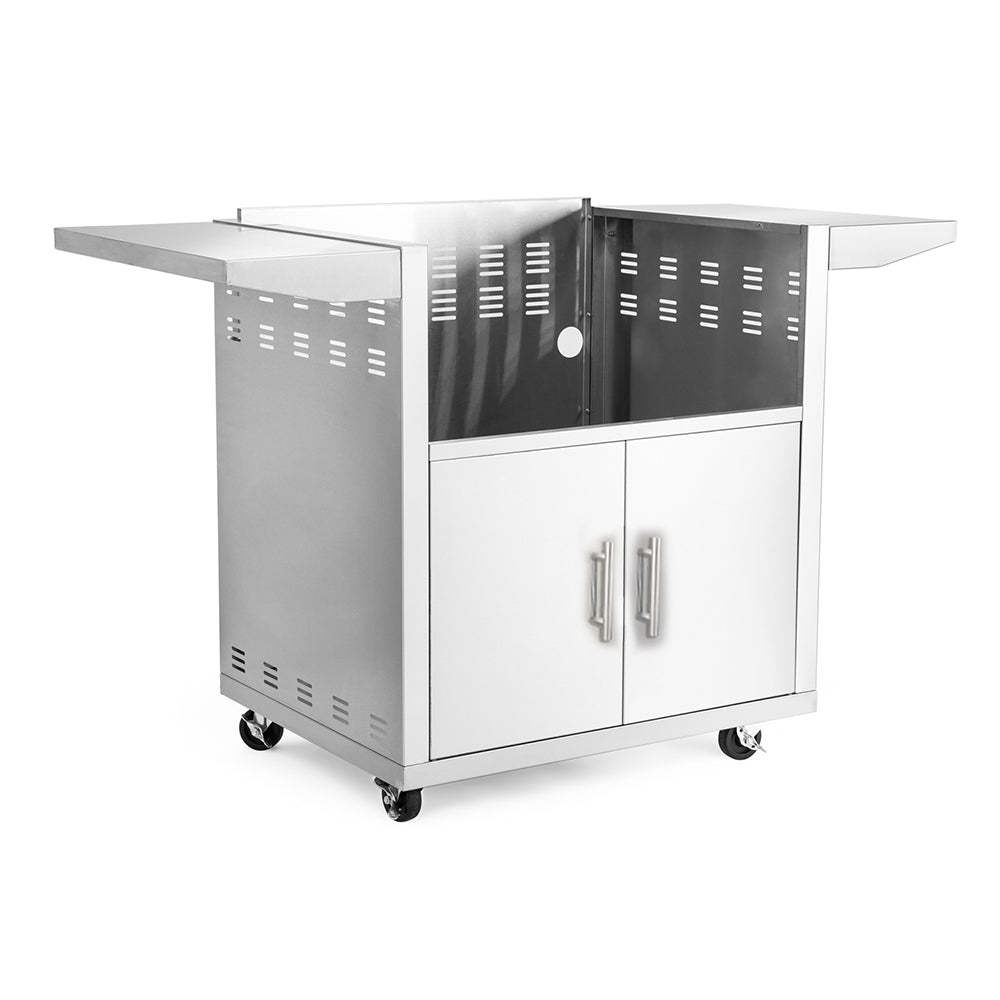 Stainless steel griddle cart with side panels, two-door cabinet, four caster wheels