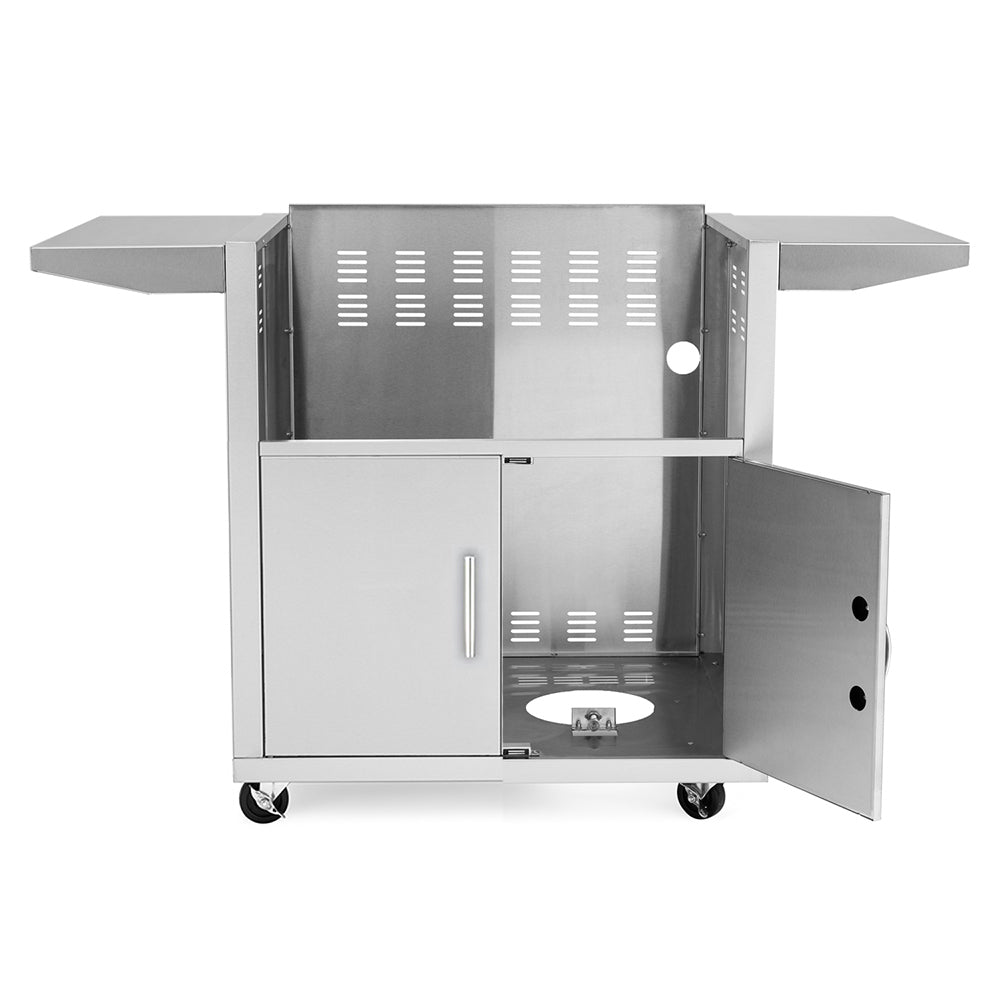 Stainless steel griddle cart with open hood and warming area, two-door base, casters