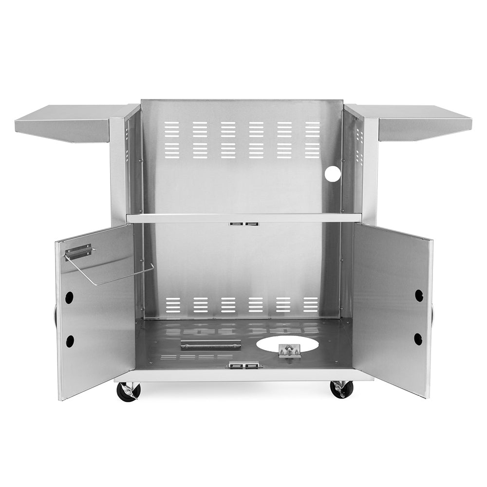 Stainless steel griddle cart with open grill, side panels, two-door cabinet, caster wheels