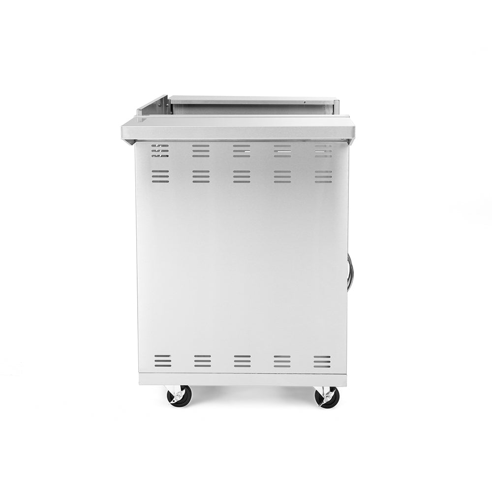 Light-colored griddle cart with vented panel, open top cover, and caster wheels
