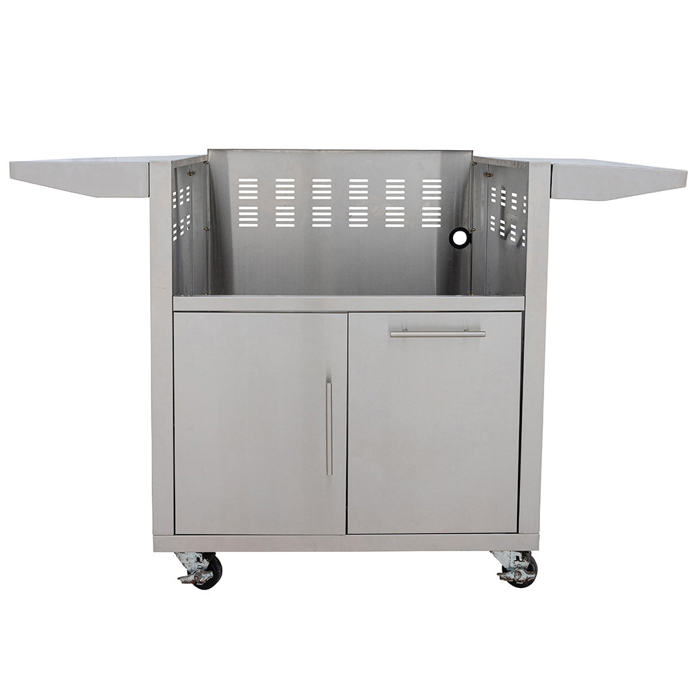 Stainless gas griddle cart with cabinet doors, drawers, and four caster wheels