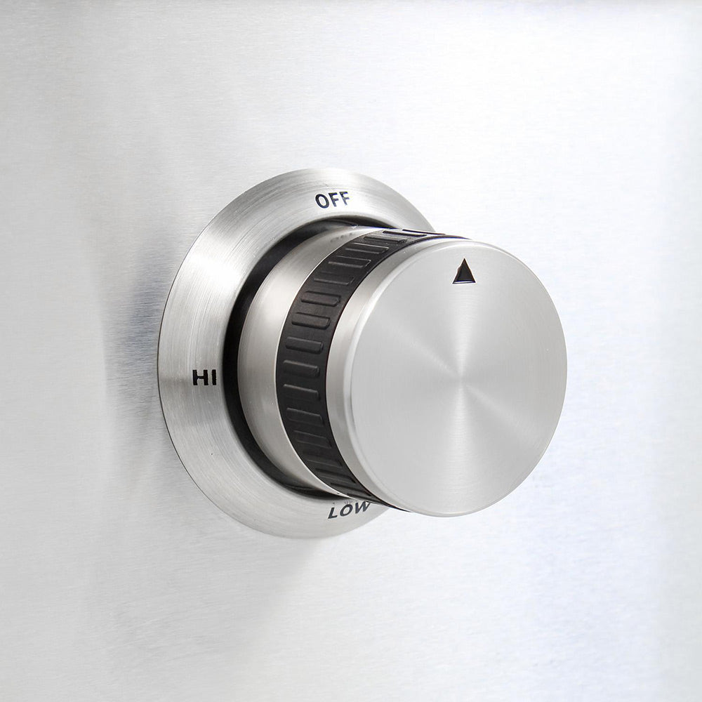 Gas griddle control knob with OFF, HI, and LOW settings on brushed metal