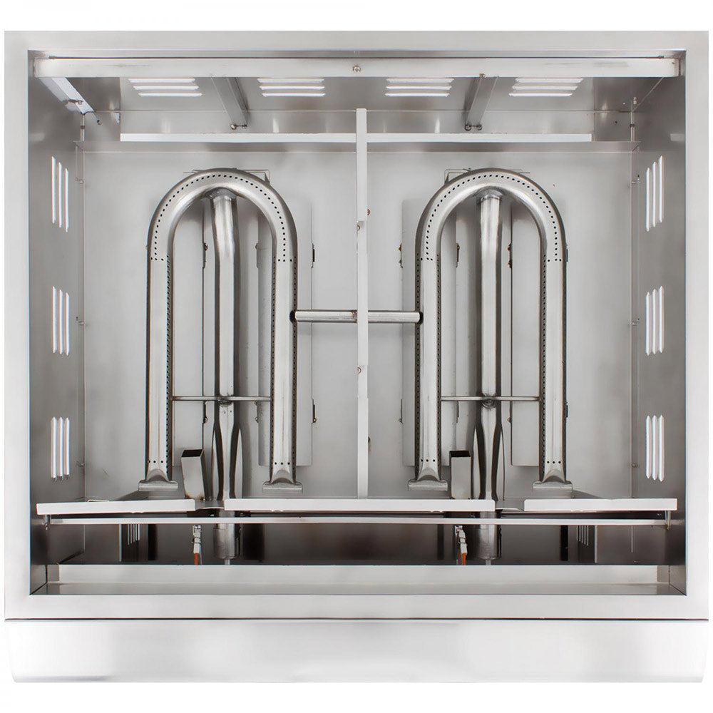 Built-in gas griddle open burner compartment with two arched burner sections