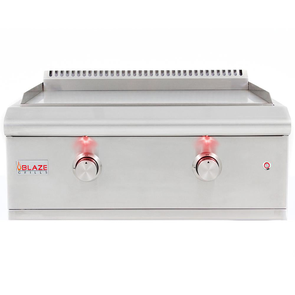 Blaze built-in gas griddle with two front control knobs and side splash guard