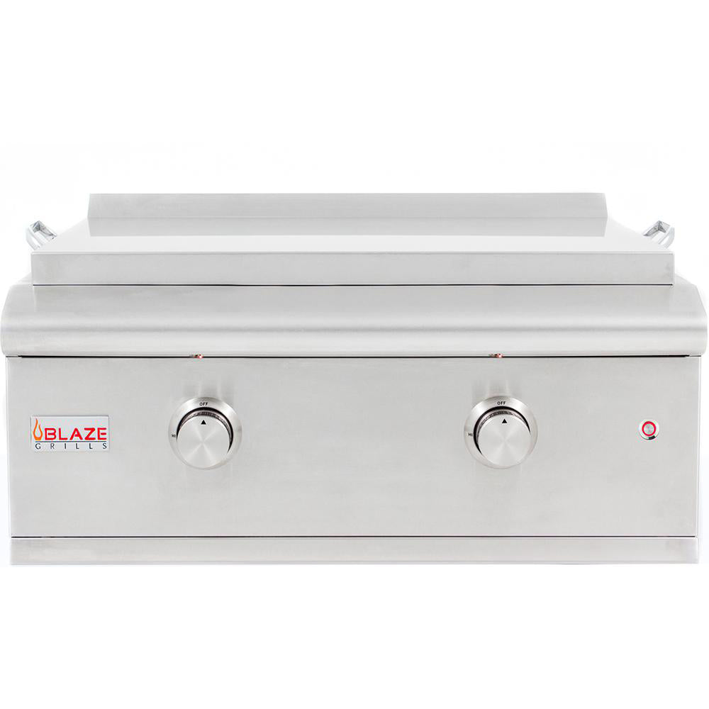 Blaze built-in gas griddle front panel with two control knobs and recessed indicator
