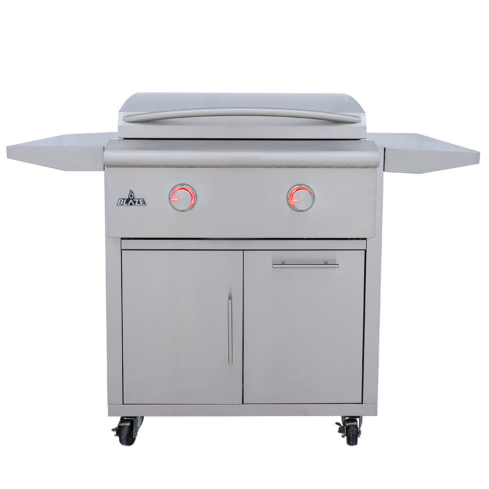 30-inch freestanding gas griddle with lid, two burner control knobs, and cabinet doors