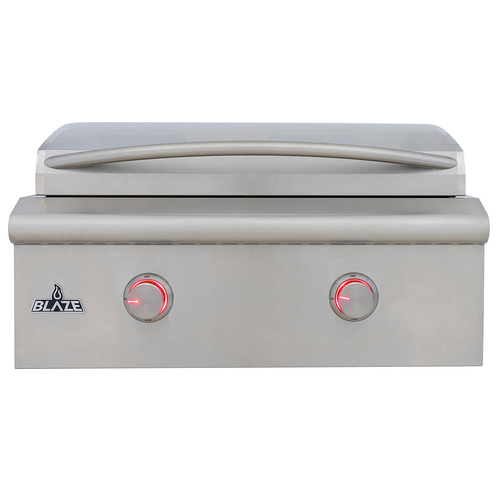 Stainless steel built-in gas griddle with two illuminated control knobs and hood