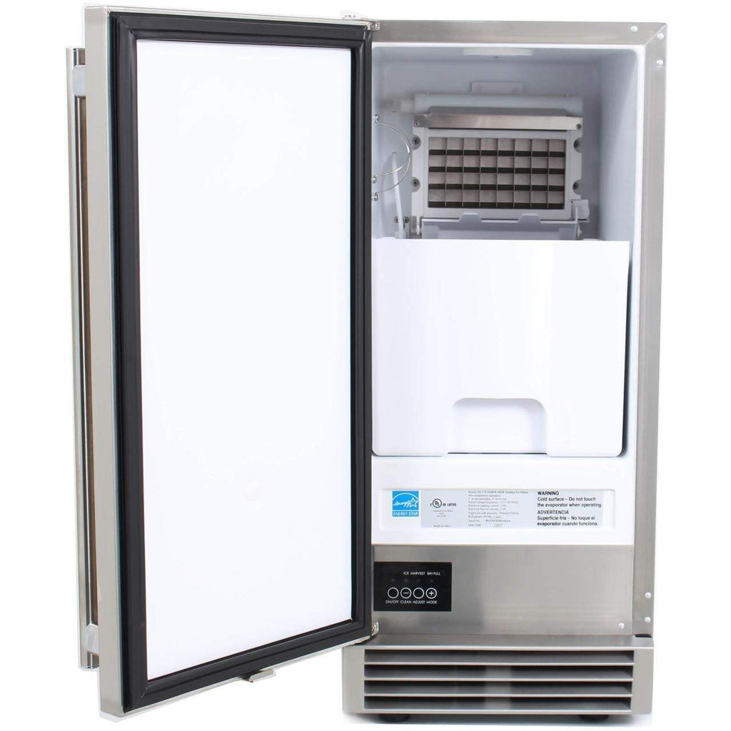 Outdoor ice maker with open door showing ice storage bin and inner compartment