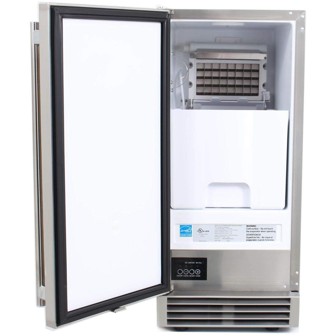 Outdoor ice maker with open door showing ice storage bin and inner compartment