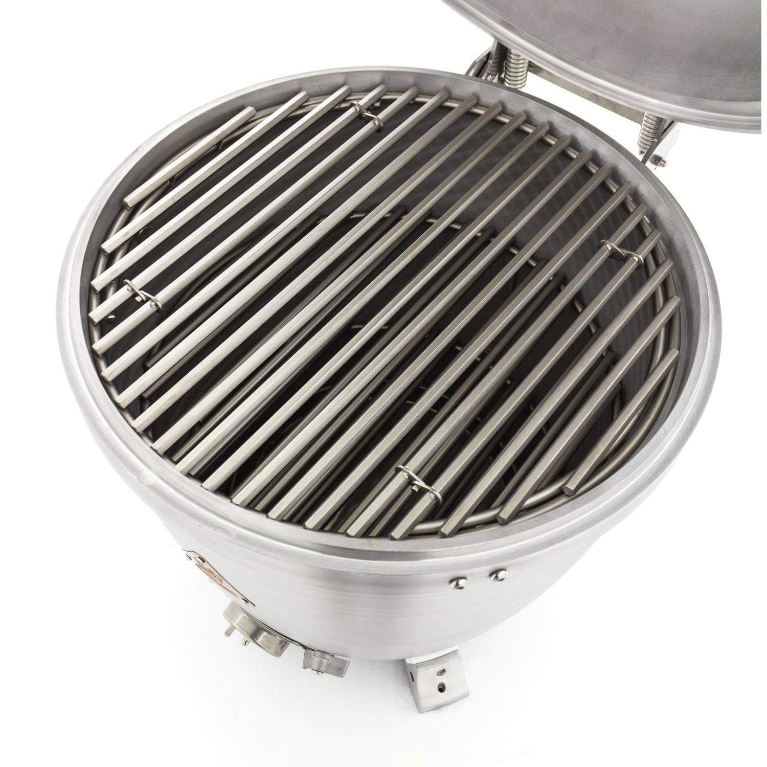 Cast aluminum kamado grill cooking grate inside open dome lid