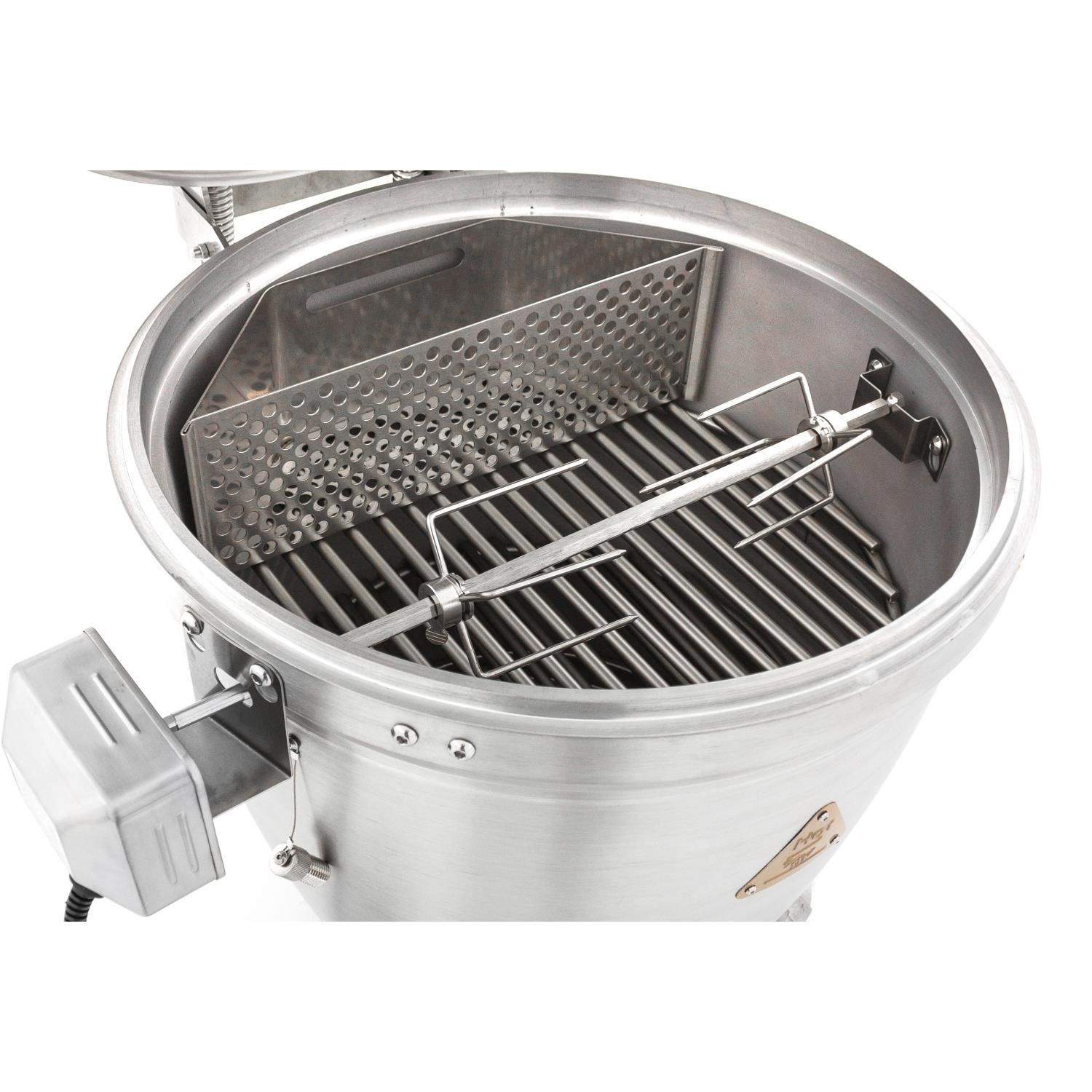 Stainless steel rotisserie frame with two spit rods and wire grilling grate insert