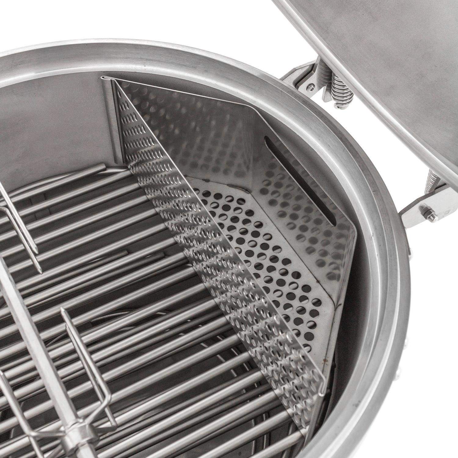 Rotisserie spit rods with perforated shield panel inside round grill chamber