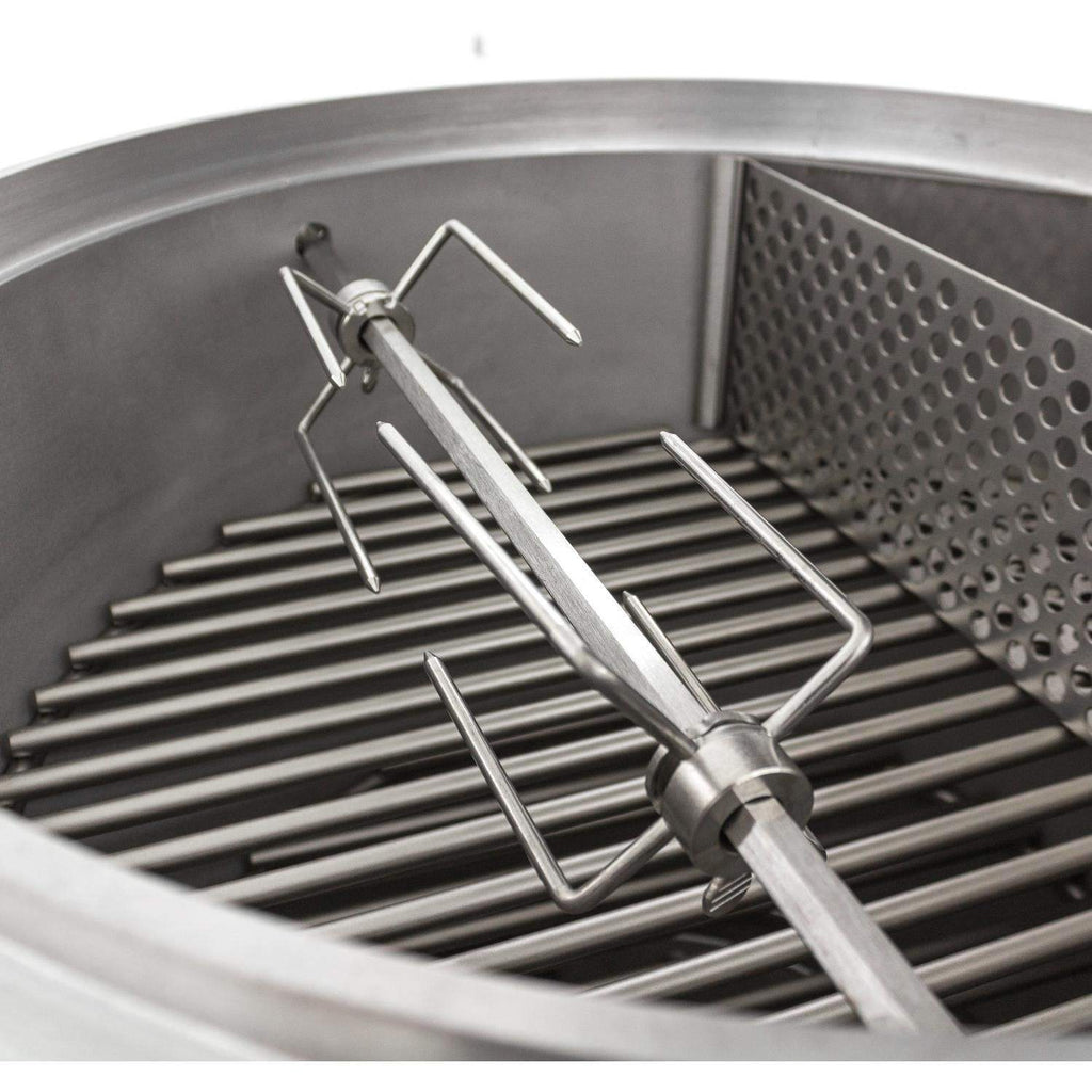 Rotisserie forks and crossbar spit rod over metal grill grate inside cook chamber