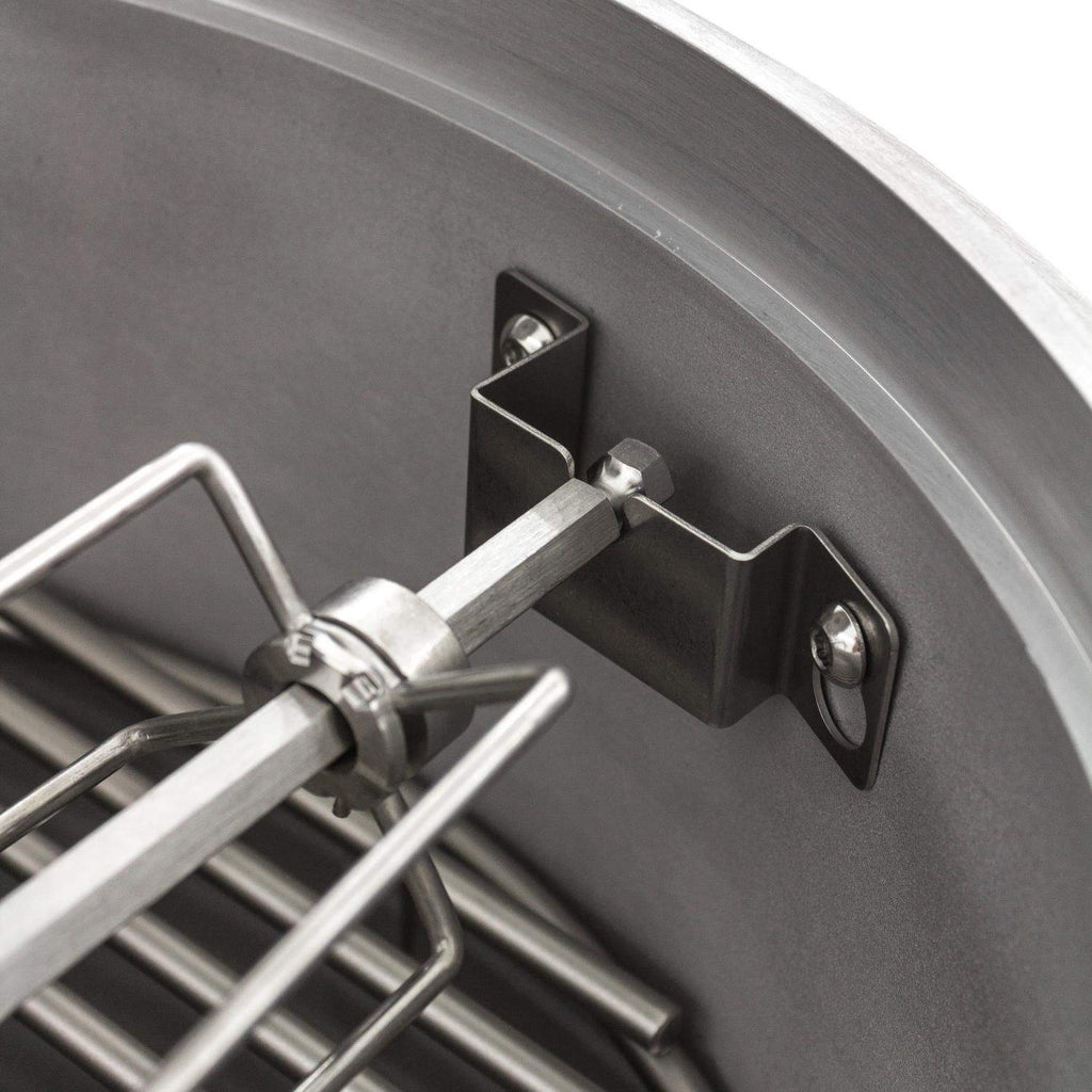 Rotisserie support bracket with adjustable forks and spit rod on inner grill wall