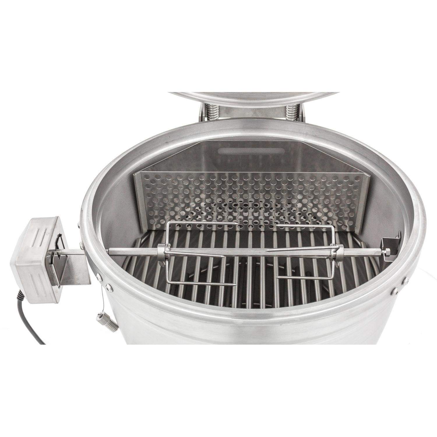 Stainless steel rotisserie basket insert with perforated plate and two spit rods for grill