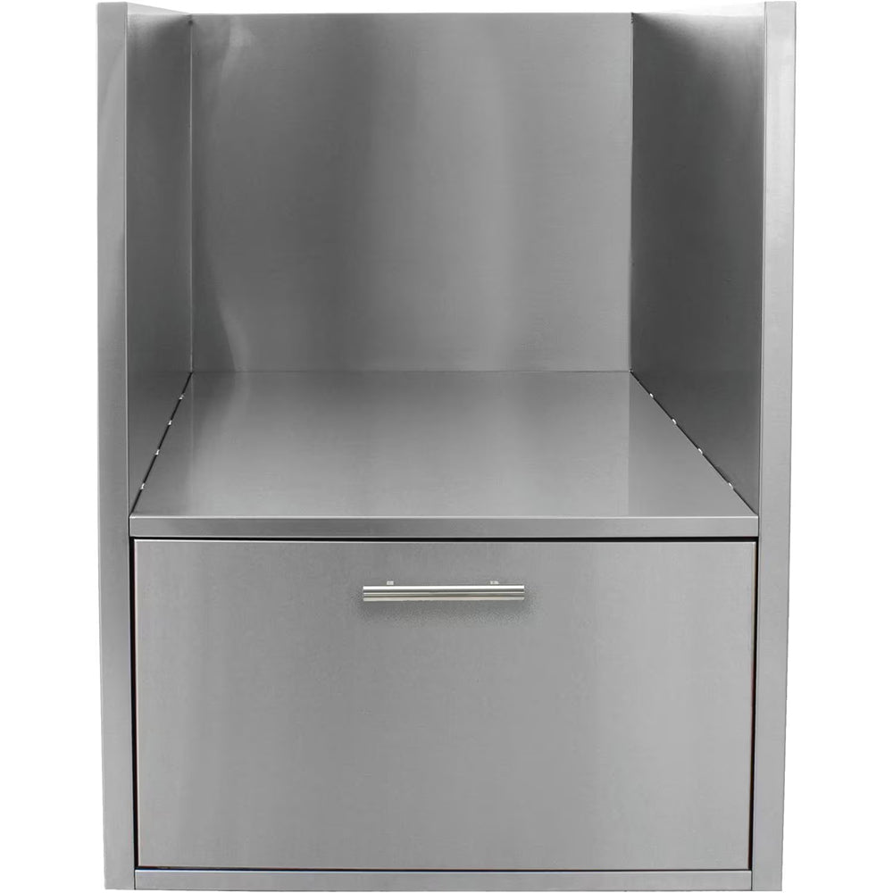 Outdoor kitchen Kamado island sleeve with front drawer, open top storage compartment